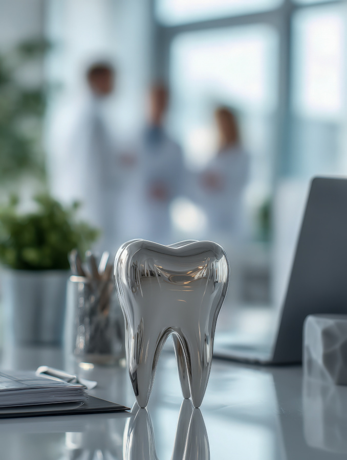 Deko-Zahn auf einem Empfangstresen beim Zahnarzt in Bochum