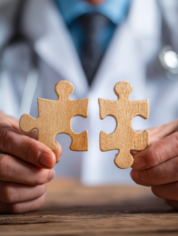 Zahnarzt hält zwei Puzzlestücke in den Händen